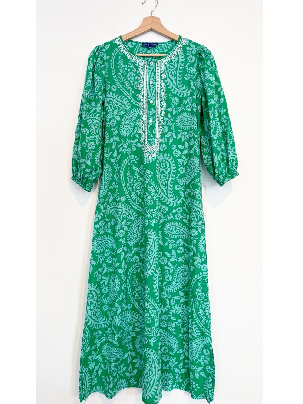 Tuckernuck || Ro’s Garden Embroidered Midi Dress Kurta Kaftan Floral Green‎ XS